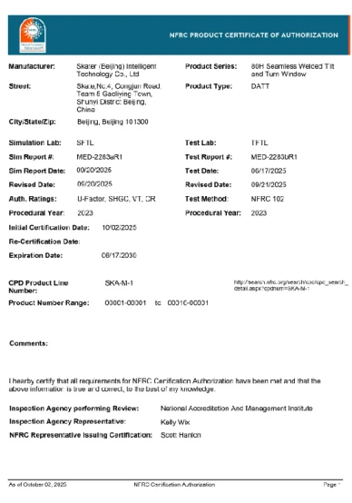 NFRC Product Certificate for Crestor Aluminum Windows