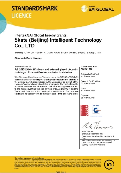 SAI GLOBAL StandardsMark AS 2047 Certificate