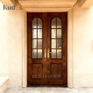 Luxury Solid Wood Double Entry Door with Decorative Glass Panels