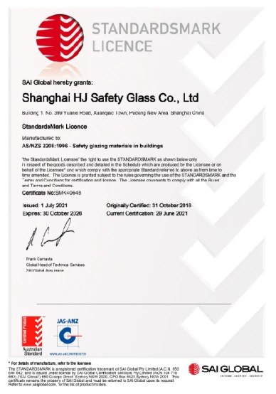SAI GLOBAL StandardsMark ASNZS 2208 Glass Certification